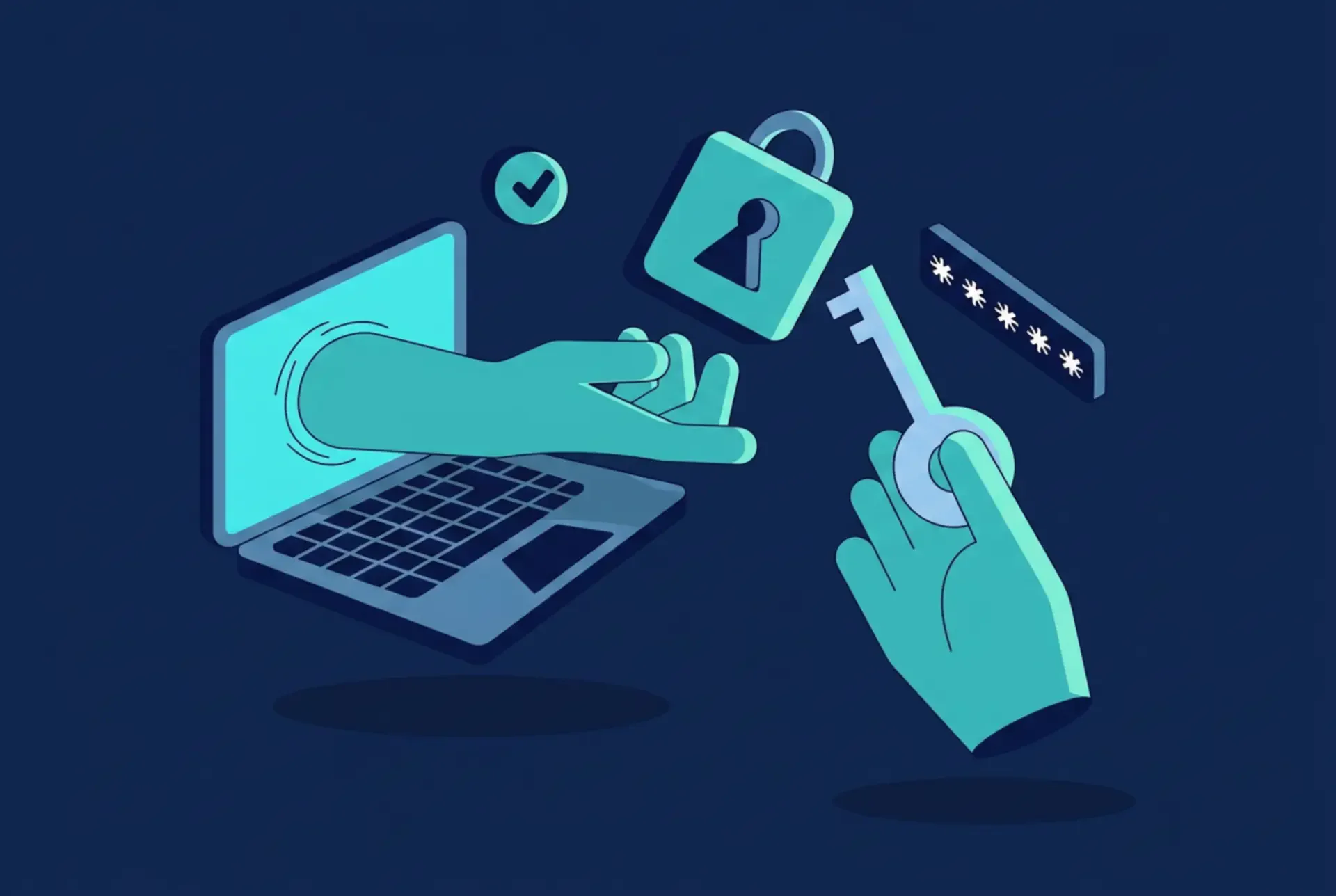 Illustration of hands managing a laptop, lock, key, and credential field to represent IAM scanning and access control