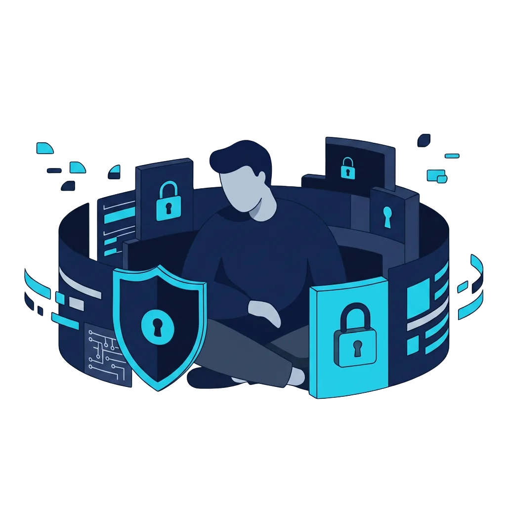 Security analyst surrounded by a ring of identity and access panels showing locks, shields, and cloud credentials